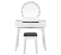 Selsey Derra - Tavolino da toeletta con due cassetti, specchio rotondo e sgabello, larghezza 80 cm, colore: Bianco