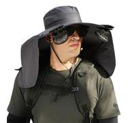 SELVFZ Cappello da pesca integrato con ventaglio ricaricabile per cappello da pesca unisex con protezione solare con 2 ventole e patta per il collo a tesa larga, Grigio scuro 2 clip pipistrello