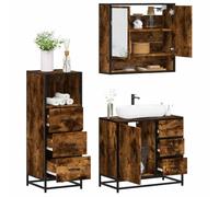Selvicoly Set di 3 mobili da bagno in legno di rovere affumicato, con lavabo, armadietto a specchio e armadietto alto, salvaspazio, con vano portaoggetti e montaggio a parete, per bagno moderno