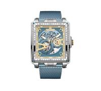 Selvine Montignac - Orologio da uomo automatico - Cassa in acciaio argento 55 x 42 mm - quadrante blu ghiaccio scheletro - dettagli dorati opachi - movimento apparente - stile contemporaneo raffinato