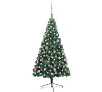 Semi albero di Natale artificiale, 180 cm, verde, con 150 luci LED e sfere in oro rosa, salvaspazio per montaggio a parete, PVC e acciaio