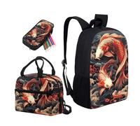 Semiouray Set di 3 zaini casual con stampa di carpa Koi retrò, stile vintage, con motivo nuvole, resistente, con borsa per il pranzo, borsa per matite, adatta per Macbook/laptop da 12", regali per