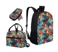 Semiouray Zaino colorato con stampa artistica a spruzzo, borsa per il pranzo e portapenne, motivo arcobaleno astratto graffiti, 3 pezzi, zaino da viaggio per computer portatile, adatto per regali per