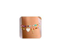 Semoya 2 braccialetti colorati con iniziali softball per donne e ragazze, braccialetti elasticizzati con perline a strati in oro dalla A alla Z, con lettere per la mamma, impilabili, idea regalo, 6.5