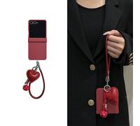 Semplice custodia per telefono rosso vino con pendente a forma di cuore e cinturino in pelle, compatibile con Samsung Galaxy ZFlip7 Z Flip6 ZFlip 5 Zflip6 Zflip5, cover posteriore antiurto Galaxy Z Fl