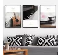 Semplice e moderno, in bianco e nero, retrò, pianoforte, chitarra, disco, musica, combinazione, poster creativo, sfondo, decorazione da parete (40x60cmx3/cornice interna)