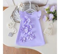 Semplice ed elegante vestito viola per bambine in estate, con decorazioni floreali 3D, maniche a sbuffo per leggerezza, adatto per uso casual, vacanze e uso quotidiano 6-9M,9-12M,12-18M,18-24M,2-3YFlo