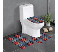 Semplice stampa geometrica in lana con quadri e righe rosse, blu e bianche su sfondo nero. Set di 3 tappetini da bagno in flanella, copriwater e tappetino per vasca | Morbidezza come una nuvola