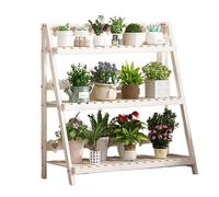 Semplice supporto per piante per interni ed esterni, 3 ripiani, in legno, pieghevole, con scala per vasi di fiori, diversi ripiani grandi, bianco, possibilità di stoccaggio per piante negli angoli