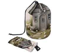 Semplifica la tua routine di viaggio | Grande borsa per il trucco da donna con design pieghevole, casa grigia con croce pasquale, Multicolore, 9.9x6.9in/25.2x17.6cm;6x3.5in/15.2x8.8cm