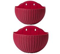 SENCC 2 vasi da fiori da appendere alla parete in finto rattan, semicerchio da appendere all'esterno, con foro di drenaggio e ganci, in plastica, per balcone, recinzione (vino rosso)