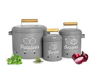 Sendez 3 contenitori per patate, aglio, cipolle, in metallo, grigio opaco