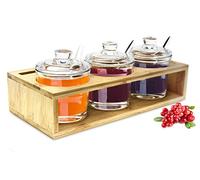 Sendez Set di 3 barattoli per spezie con struttura in legno e cucchiaio, per parmigiano, per marmellate, miele, zuccheriera, 27 x 13 x 12 cm, 10 pezzi