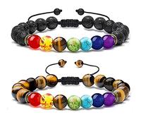 Senidea 2 Pezzi 7 Braccialetto Chakra per Donna Uomo, Bracciale Lava Beads 8mm, Bracciali Yoga Pietre Naturali Energetiche, Guarigione Meditazione Braccialetto di Corda