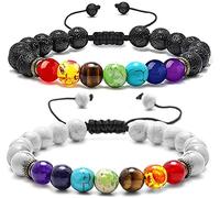 Senidea 2 Pezzi 7 Braccialetto Chakra per Donna Uomo, Bracciale Lava Beads Turchese Bianco 8mm, Bracciali Yoga Pietre Naturali Energetiche, Guarigione Meditazione Braccialetto di Corda