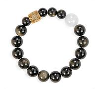 SENLLY Midnight Shield - Beaded Stretch Bracelet with Natural Gold Obsidian & White Agate, Handcrafted Natural Stone Jewelry for Protection & Strength
