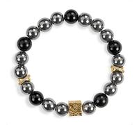 SENLLY Obsidian Forge - Handmade Black Agate & Natural Hematite Bracelet with Gold Square Accent, Natural Stone Beaded Stretch Jewelry