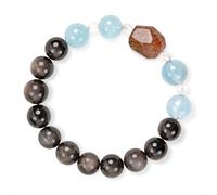 SENLLY Ocean Night Guardian - Beaded Bracelet with Natural Aquamarine, Silver Obsidian & Clear Quartz, Handcrafted Natural Stone Jewelry Featuring a Black Gold Super Seven Centerpiece