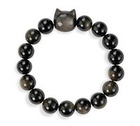 SENLLY Shadow Cat Guardian - Beaded Stretch Bracelet with Silver Obsidian & Cat Head Carving, Handmade Natural Stone Jewelry for Protection, Clarity & Balance