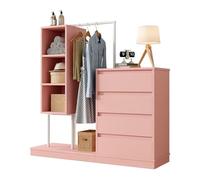 Senmate Armadio con 4 Cassetti, Mobile Multifunzione per Camera da Letto e Ingresso, Comò con Ante e Appendiabiti, Design Moderno,140x40x135 cm (Rosa)