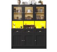 Senmate Armadio Cucina 140x40x175cm, Credenza Alta con Luci LED Multicolore Controllo APP, Vetrina, Buffet Soggiorno con Antiribaltamento e Ripiani Regolabili, per Sala da Pranzo, Moderno (Nero)
