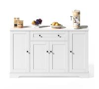Senmate Buffet Cucina Multifunzionale, Credenza 138 cm con Cassetto, 4 Ante e Ripiani Regolabili, Design Moderno, Protezione Anti-Ribaltamento, per Cucina, Soggiorno, Camera da Letto (Bianco)