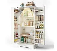 Senmate Credenza Bianca con LED incorporato, Armadio da Cucina/Pranzo in Stile Country con 2 Ante, Ripiani Regolabili e Sicurezza Anti-Ribaltamento