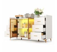 Senmate Credenza Moderna con Illuminazione LED Telecomandata, Sideboard Bianco e Oro, 6 Cassetti Spaziosi e Ante in Vetro Temperato, Perfetto per Cucina, Soggiorno e Camera da Letto