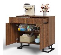 Senmate Credenza Sideboard 80x40x78 cm, Noce Scuro con Rilievo Fogliare, Design Senza Maniglie, 2 Cassetti e 2 Ante, Gambe in Metallo, Anti-Ribaltamento, Perfetta per Soggiorno e Sala da Pranzo