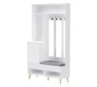 Senmate Guardaroba Ingresso Completo con Panchina, 4 Ganci, Ante & Cassetti - Set Multifunzione 6 in 1 per Spazi Piccoli, 100x180x35 cm (Bianco + MDF 1)