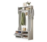 Senmate Guardaroba per Ingresso con Panchina, Armadio con 6 Ganci, Anta, 4 Ripiani Aperti e Portascarpe a Ribalta, Multifunzione, Set Organizzazione Entrata, 100x40x185.5 cm (Bianco)