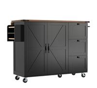 Senmate Isola Cucina Compatta Multifunzione con Piano di Lavoro Estraibile, 3 Cassetti Organizzatori + 2 Ante Scorrevoli, Ruote Bloccabili 360° Design Compatto per Piccoli Spazi (Nero + MDF 1)