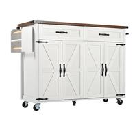Senmate Isola Cucina Compatta Multifunzione con Piano di Lavoro Estraibile, 3 Cassetti Organizzatori + 2 Ante Scorrevoli, Ruote Bloccabili 360° Design Compatto per Piccoli Spazi (Bianco + MDF)