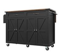 Senmate Isola Cucina Compatta Multifunzione con Piano di Lavoro Estraibile, 3 Cassetti Organizzatori + 2 Ante Scorrevoli, Ruote Bloccabili 360° Design Compatto per Piccoli Spazi (Nero + MDF 2)