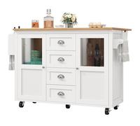 Senmate Isola Cucina con Rotelle, Mobile Cucina Multifunzione con 4 Cassetti & 2 Ante, Credenza con Piano Ribaltabile, Porta Asciugamani e Scaffale Spezie, per Piccole Cucine (Bianco)