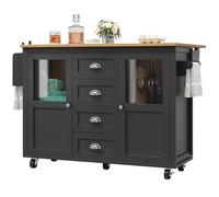 Senmate Isola Cucina con Rotelle, Mobile Cucina Multifunzione con 4 Cassetti & 2 Ante, Credenza con Piano Ribaltabile, Porta Asciugamani e Scaffale Spezie, per Piccole Cucine (nero)