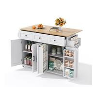 Senmate Isola Cucina Mobile con Piano di Lavoro Pieghevole Estendibile, 5 Ruote Bloccabili 360°, 4 Ante, 3 Cassetti, Portasciugamani Doppio Lato, Design Stile Rustico, Bianco e Naturale