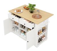 Senmate Isola Cucina Mobile con Prese Elettriche Integrate, Carrello Multifunzione con Tavolo Pieghevole 84cm, 6 Ripiani Regolabili + 2 Cassetti, Rotelle con Freni (Bianco+Naturale)