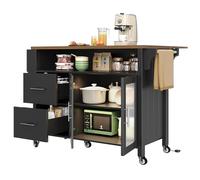 Senmate Isola Cucina Mobile con Ripiani Estraibili, Carrello da Pranzo con Vetrina in Legno e Luci LED, Portasciugamani con Rotelle, Tavolo Allungabile per Cucine Piccole, Mobile Multifunzione