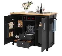 Senmate Isola Cucina Mobile con Ripiani Estraibili, Carrello da Pranzo con Vetrina in Legno, Portasciugamani con Rotelle, Tavolo Allungabile per Cucine Piccole (Nero, 137.9x73x92cm)