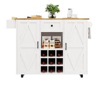 Senmate Isola Cucina Mobile con Tavolo Estraibile - Multifunzione con Scaffale Vino Rimovibile, Cassetto e Ruote Bloccabili - Design Moderno Bianco Venatura Legno per Piccoli Spazi