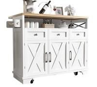 Senmate Isola Cucina Mobile Multifunzione con Ruote, 118x43(80) x98 cm - Carrello da Pranzo con Tavolo Pieghevole, Ripiani Regolabili, Porta Asciugamani in Quercia (Bianco + MDF + metallo)