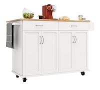 Senmate Isola Cucina Mobile Trasformabile con Ruote Bloccabili, Piano Pieghevole 0-90° in MDF Effetto Legno - 2 Cassetti Nascosti, Scaffali Regolabili, Porta Asciugamani, per Piccoli Spazi (Bianco)