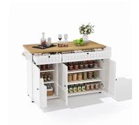 Senmate Isola Cucina Moderna con Piano di Lavoro Pieghevole Espandibile, Mobile con 6 Ruote Bloccabili 360°, Include 2 Grandi Cassetti, Armadio, Scaffale Porta e Accessori (Naturale+Bianco)
