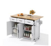Senmate Isola Cucina Moderna con Piano di Lavoro Pieghevole Estraibile, Carrello Multifunzione con 5 Ruote Bloccabili 360°, 4 Ante, 3 Cassetti e Portasciugamani Bifacciale, Bianco/Naturale