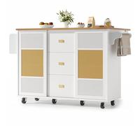 Senmate Isola Cucina Multifunzione con Rotelle, Carrello Portavivande con Piano Ribaltabile, 3 Cassetti & Ante Scorvoli, Mobile Dispensa con Porta Asciugamani e Scaffale Spezie, Bianco