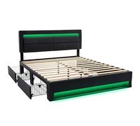 Senmate Letto Imbottito con Porte USB Ricarica Wireless/Cablata, Luci LED 12 Colori, 4 Cassetti, Testiera Imbottita, Struttura Rinforzata, Senza Materasso, Design Moderno (Nero + PU, 140 x 200 cm)