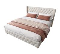 Senmate Letto Imbottito Matrimoniale 140x190 cm Testiera Alta Morbida, Effetto Bottoni e Rivetti, Rete a Doghe Inclusa, Piedi in Legno, per Camera da Letto Moderna (Lino beige)