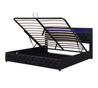 Senmate Letto Matrimoniale Imbottito in PU con Luce LED Telecomando, Contenitore Idraulico e Rete a Doghe in Legno - Spazio Archiviazione, USB, Design Moderno (Nero + PU, 140 x 200 cm)