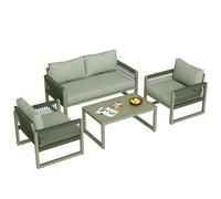Senmate Set salotto da giardino 4 pezzi: divano 2 posti + 2 sedute singole + tavolino in vetro temperato, telaio in ferro zincato, piedi regolabili, per balcone/giardino (Verde)